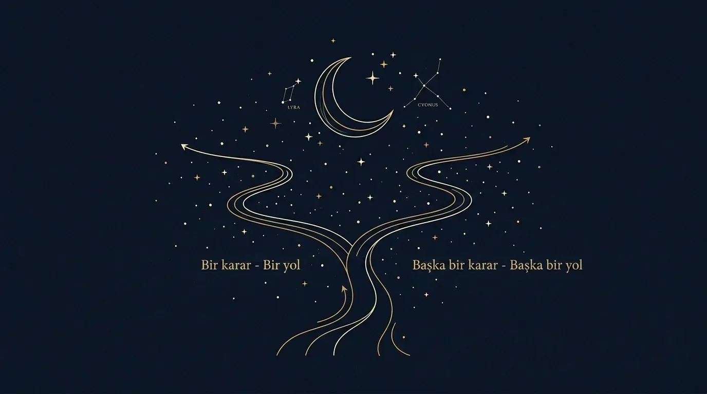 Bir karar, bir yol — yıldızlı gökyüzünde ikiye ayrılan patika