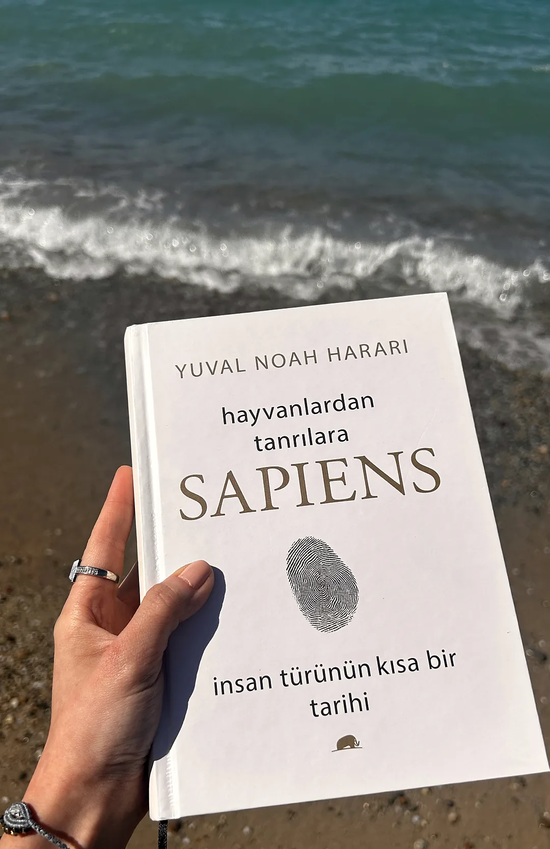 Hayvanlardan Tanrılara: Sapiens kitabı, deniz kıyısında elde tutuluyor